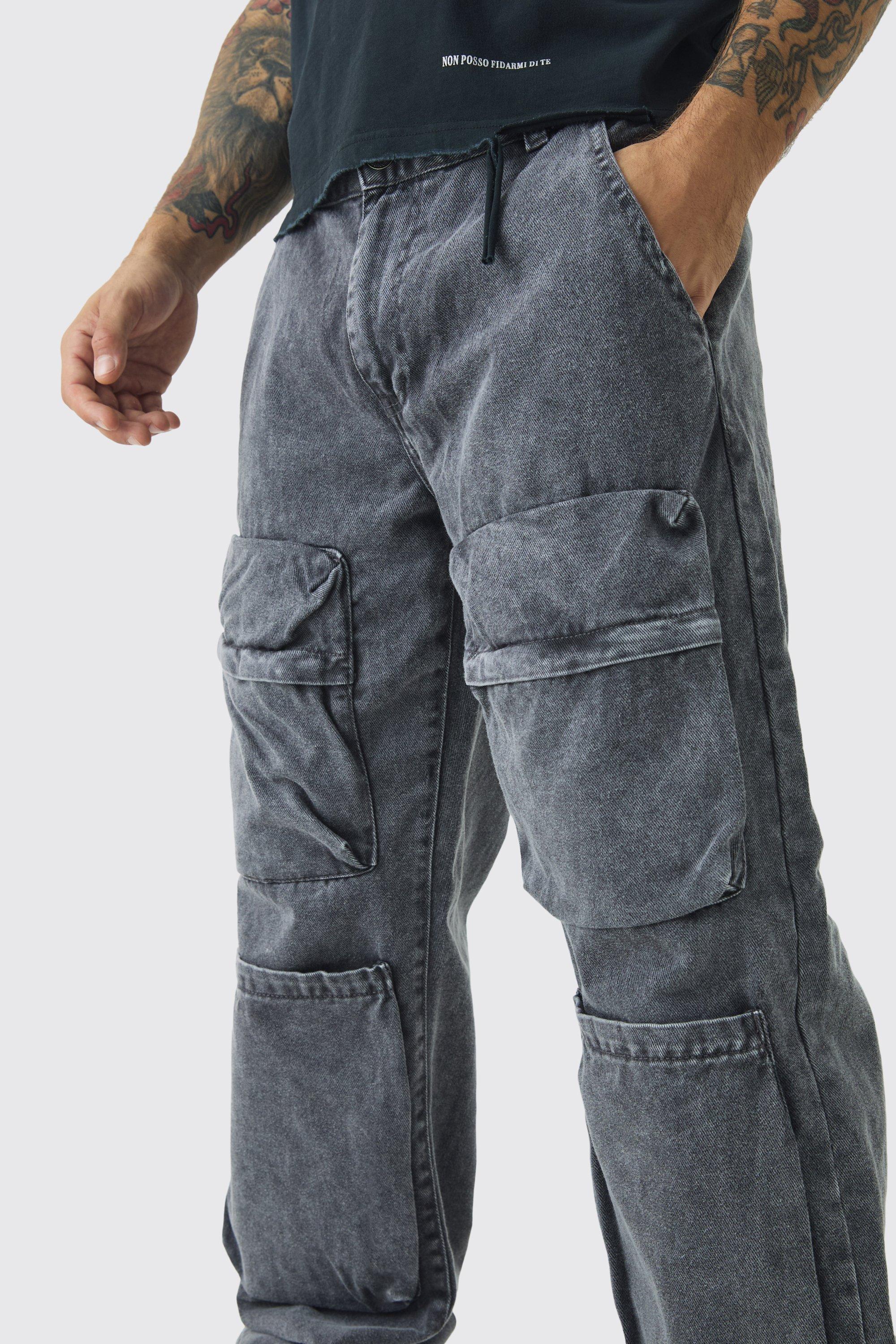 Relaxed Heavyweight Twill Acid Washed Cargo Trousers